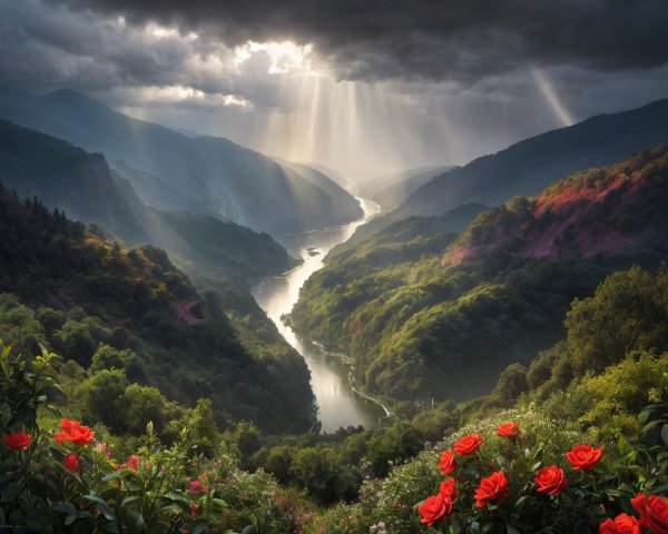 Lush Valley Landscape with River and Mountains