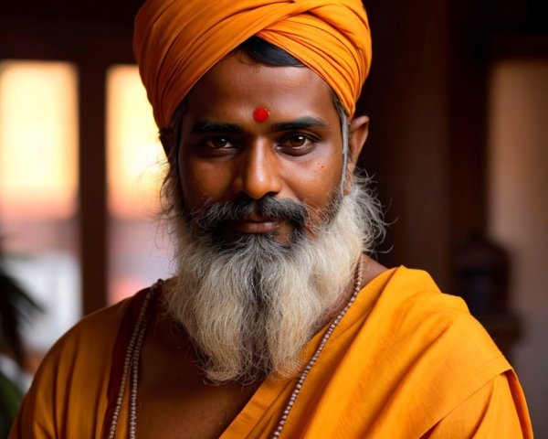 Ascetic Man in Orange Robe with Spiritual Symbols