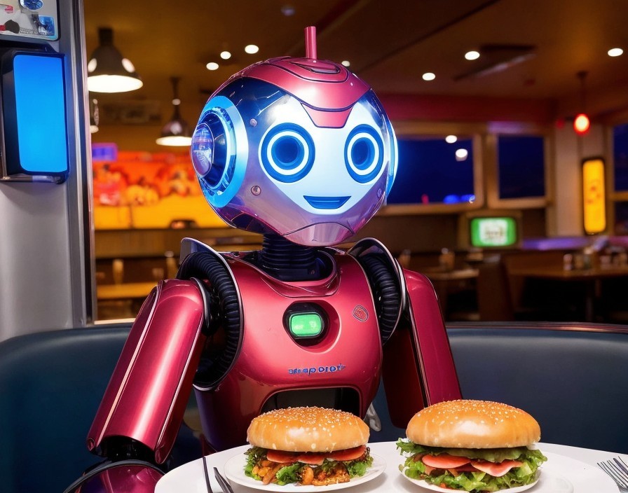 Futuristic Robot at Diner with Oversized Hamburgers