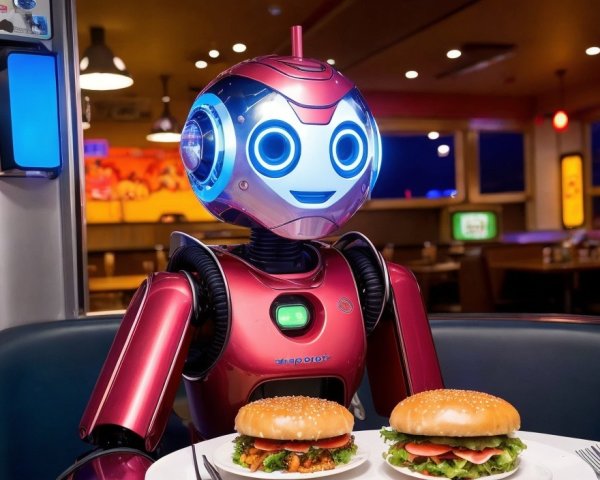 Futuristic Robot at Diner with Oversized Hamburgers