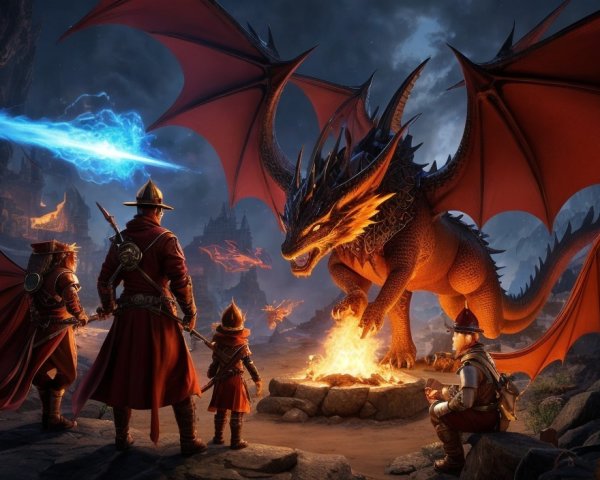 Dramatic Scene of Adventurers Facing a Dragon