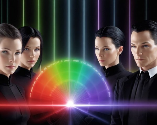 Stylized Humanoid Figures Against Colorful Background