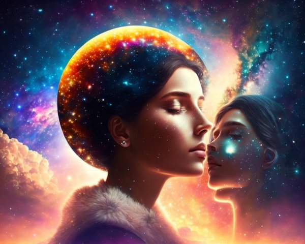 Dreamy Cosmic Scene with Young Woman and Galaxies