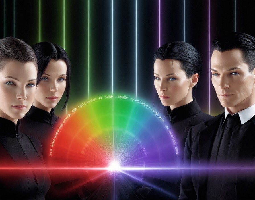Stylized Humanoid Figures Against Colorful Background