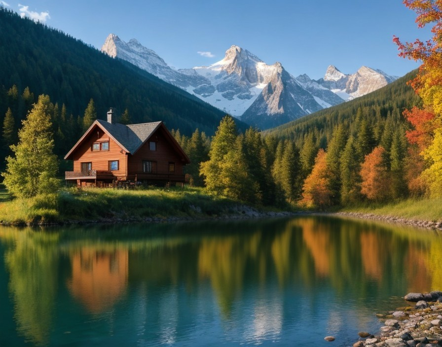 Wooden cabin by tranquil lake with autumn foliage