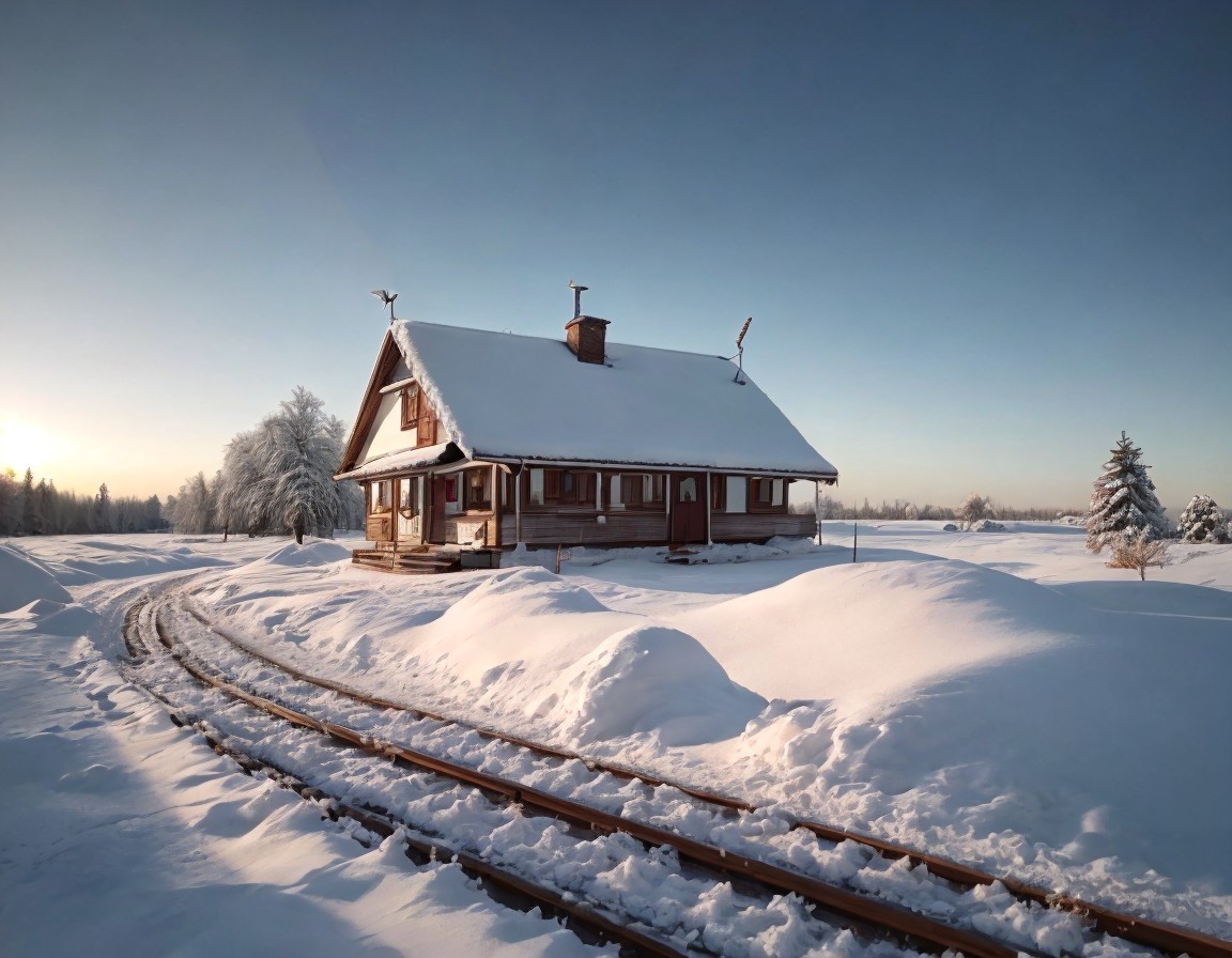 Snow-Covered Wooden House in Winter Landscape