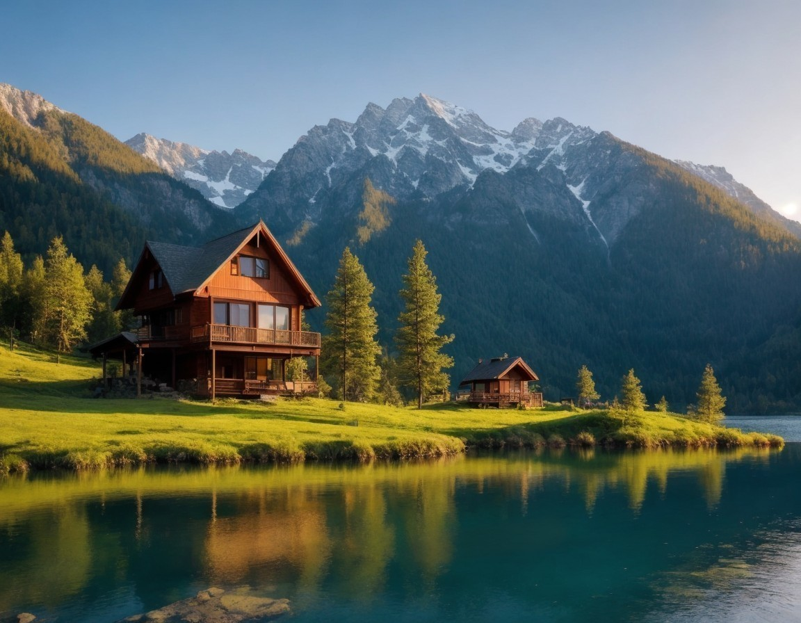 Wooden Cabins by Tranquil Lake and Snow-Capped Mountains