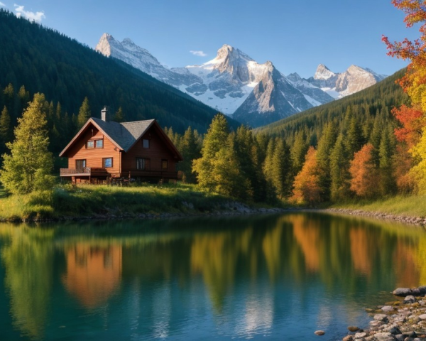 Wooden cabin by tranquil lake with autumn foliage
