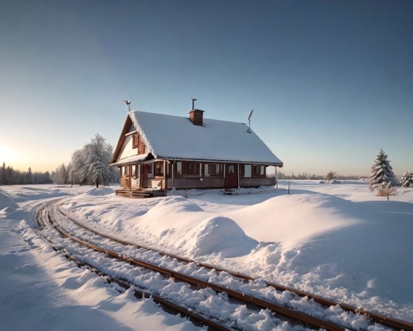 Snow-Covered Wooden House in Winter Landscape