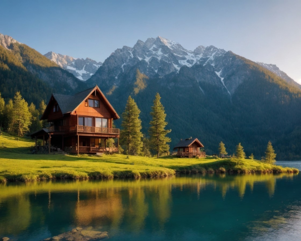 Wooden Cabins by Tranquil Lake and Snow-Capped Mountains