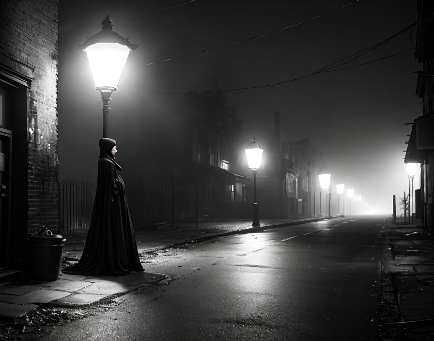 Foggy Street with Cloaked Figure Under Streetlamp