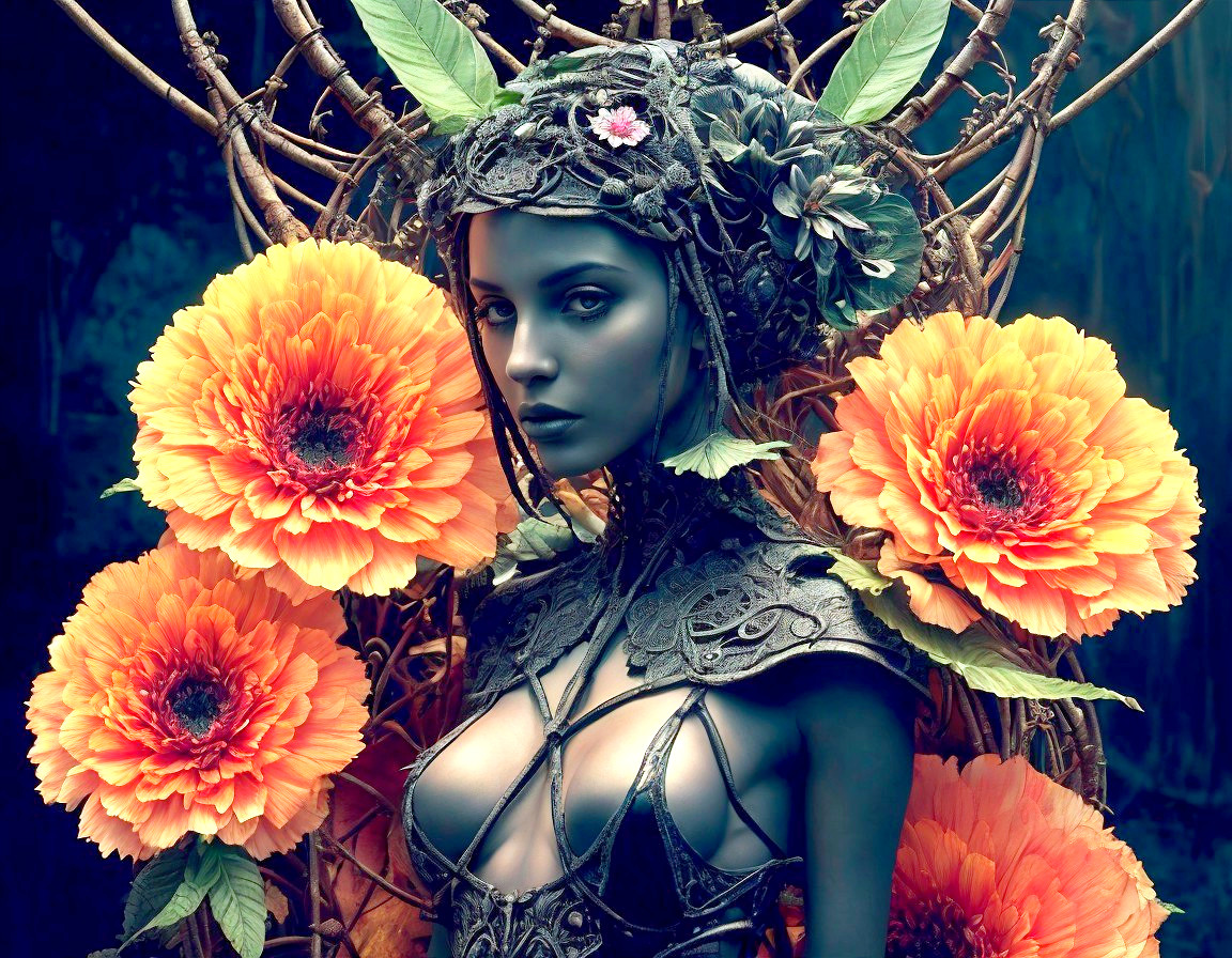 Striking Figure Among Vibrant Orange Flowers and Artistry