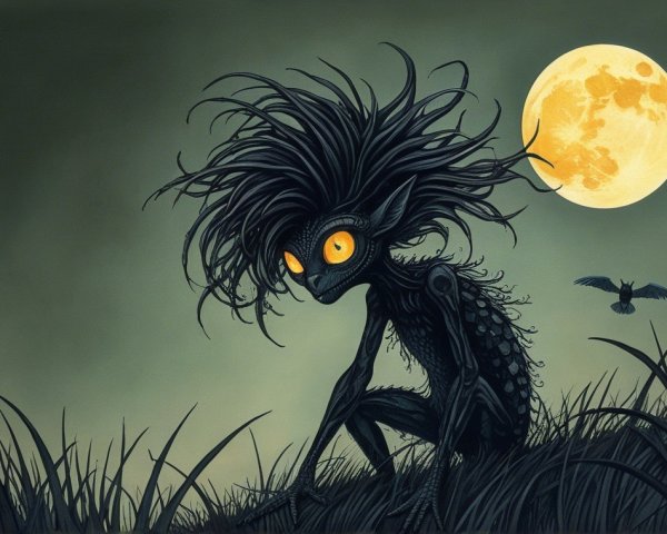 Whimsical Creature in Moonlit Grassy Landscape