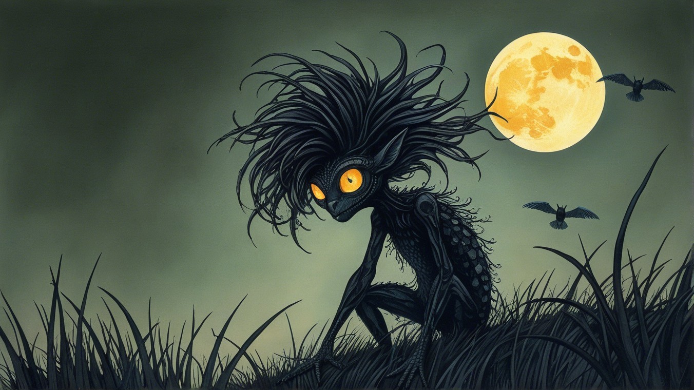Whimsical Creature in Moonlit Grassy Landscape