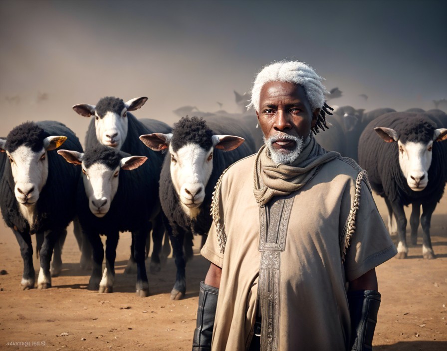 Elder in Dusty Landscape with Black and White Sheep