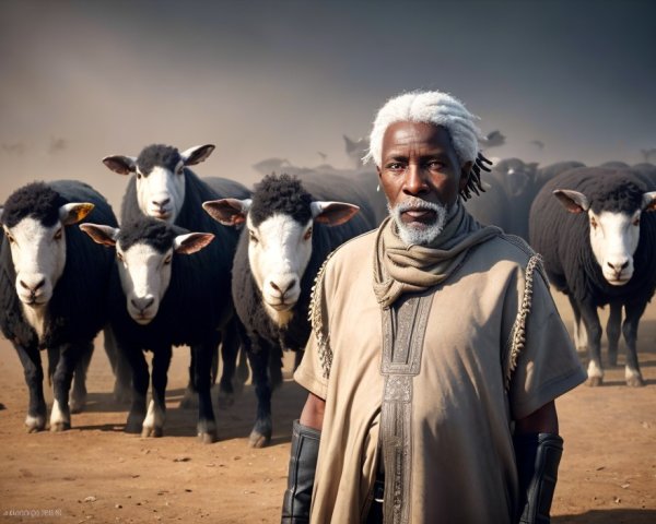 Elder in Dusty Landscape with Black and White Sheep