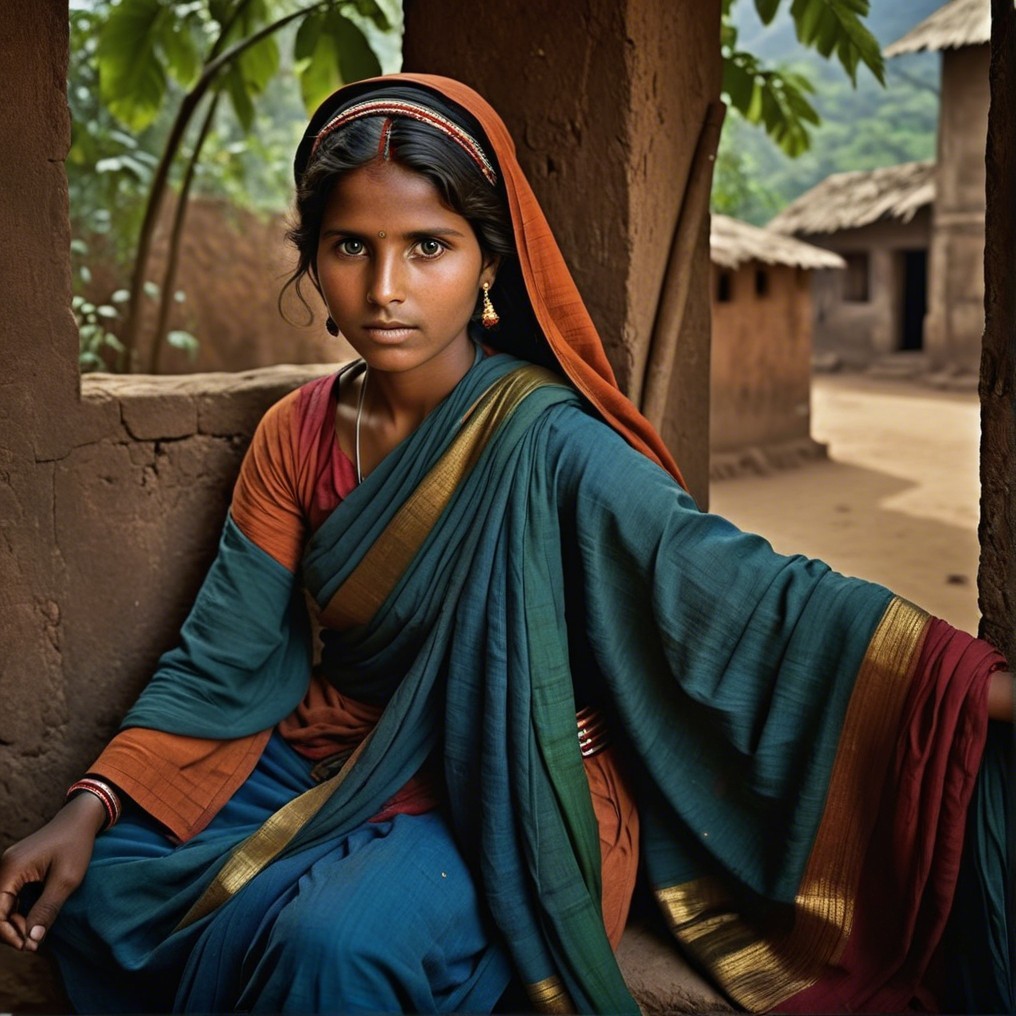 Young Woman in Traditional Saree in Rustic Setting