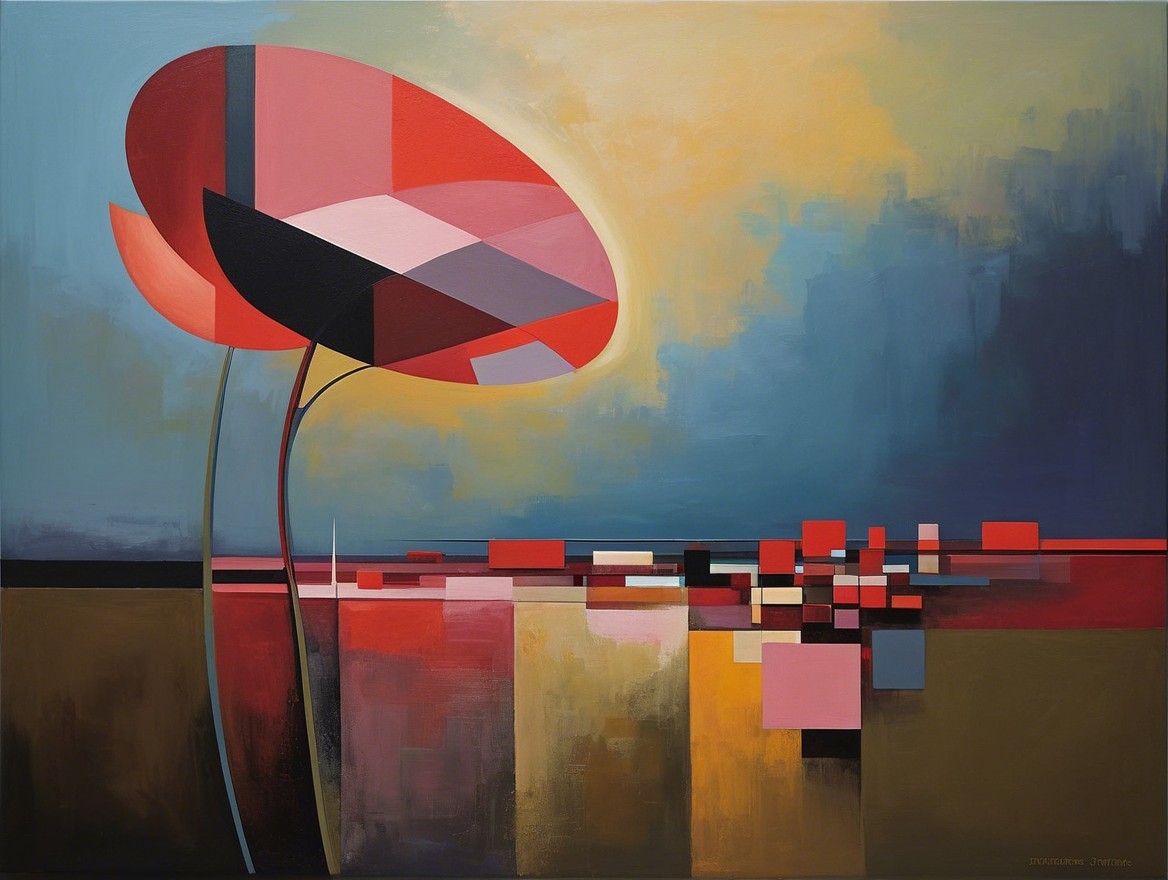 Abstract Painting with Stylized Flowers and Geometric Shapes