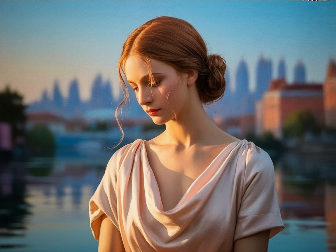 Serene Young Woman with Auburn Hair by Water Scene