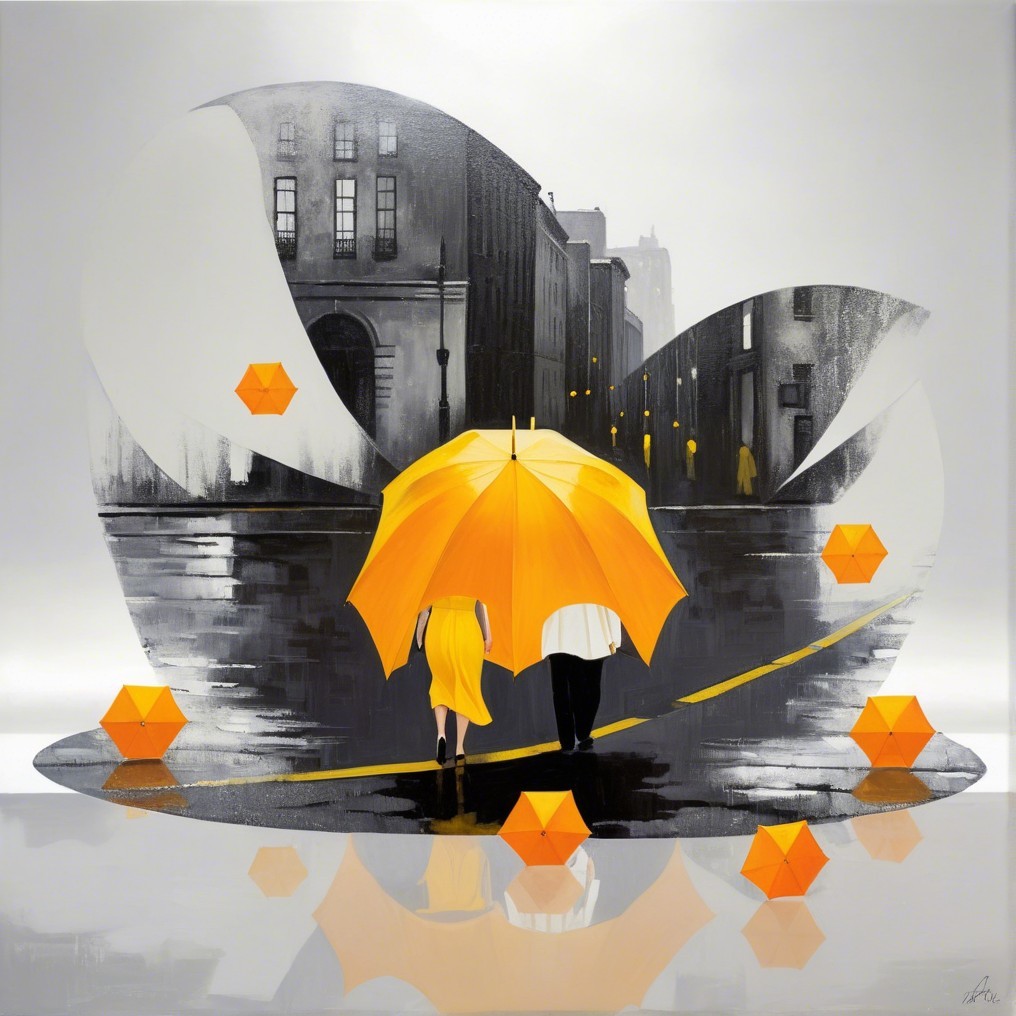 Black-and-White Cityscape with Yellow Umbrella and Lights