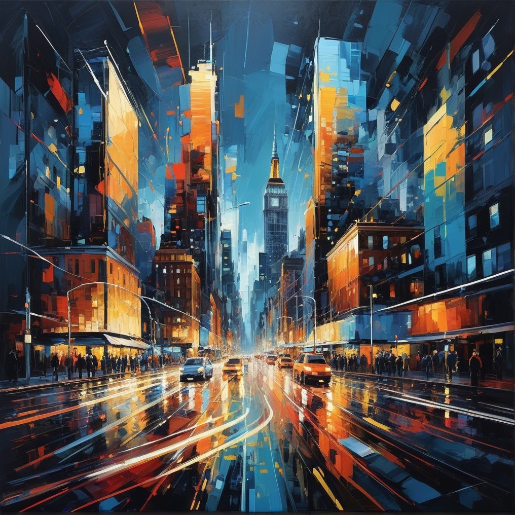Vibrant cityscape with illuminated skyscrapers at dusk