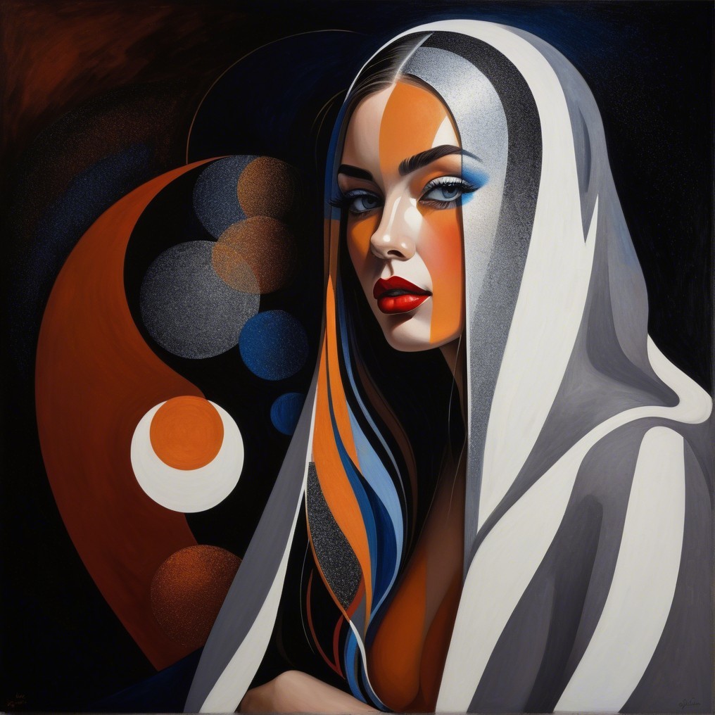 Artwork of a woman in a vibrant hood with abstract background