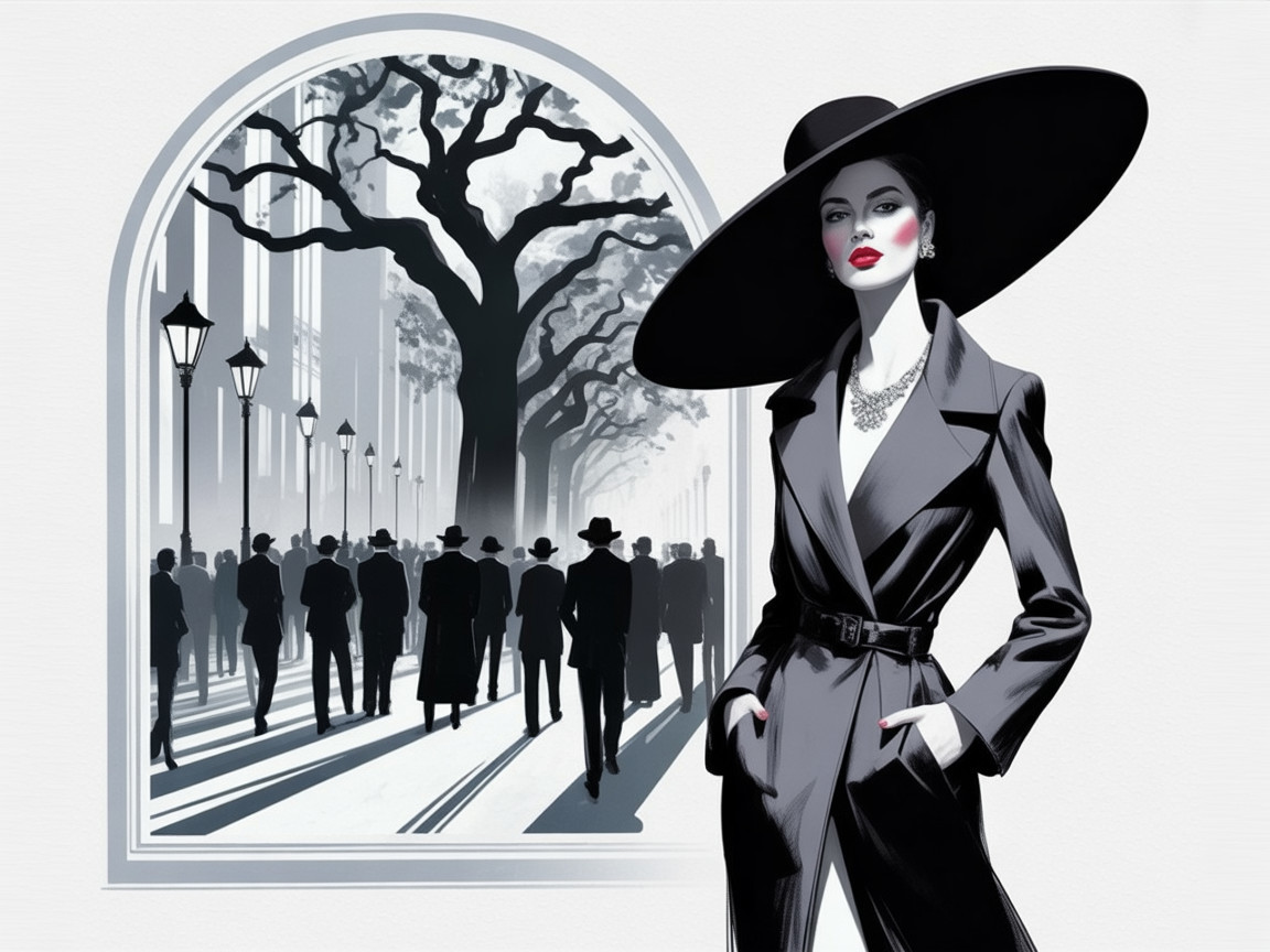 Stylish Woman in Black Suit Against Gray-Scale Crowd