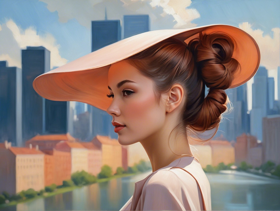 Young woman in sun hat with city skyline backdrop