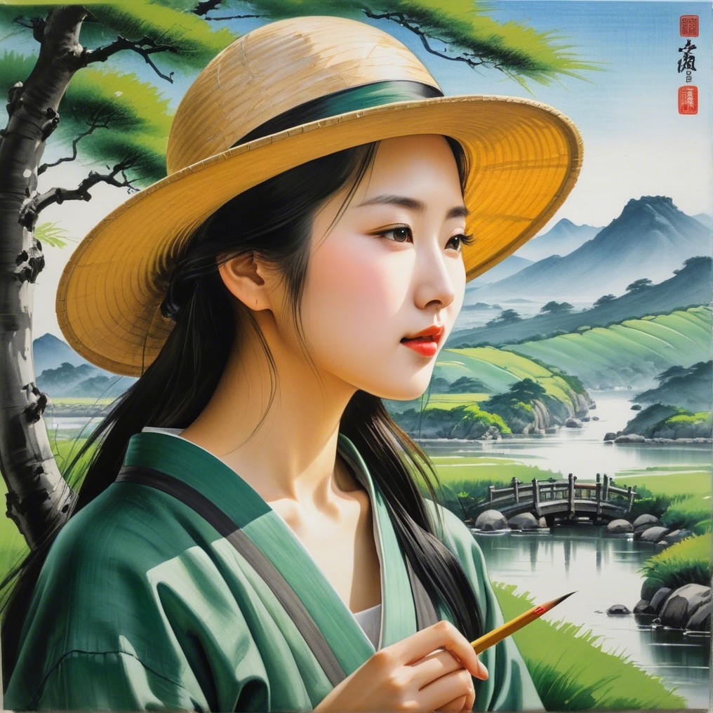 Serene Landscape with Woman in Kimono and Paintbrush