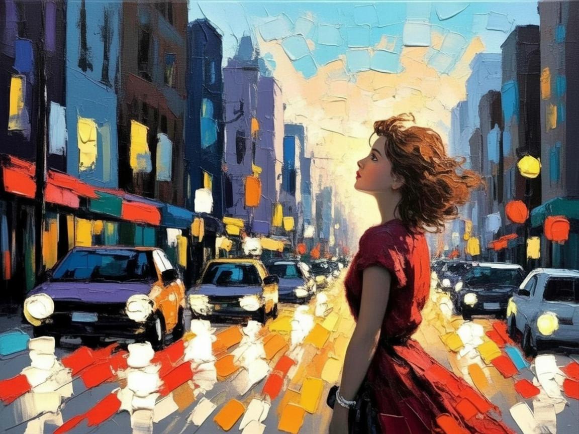 Vibrant Urban Scene with Woman in Red Dress