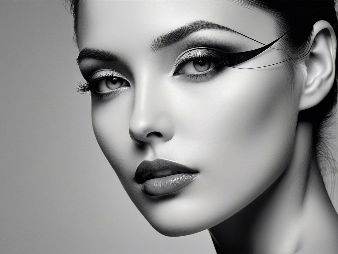 Black-and-white portrait of a woman with dramatic makeup