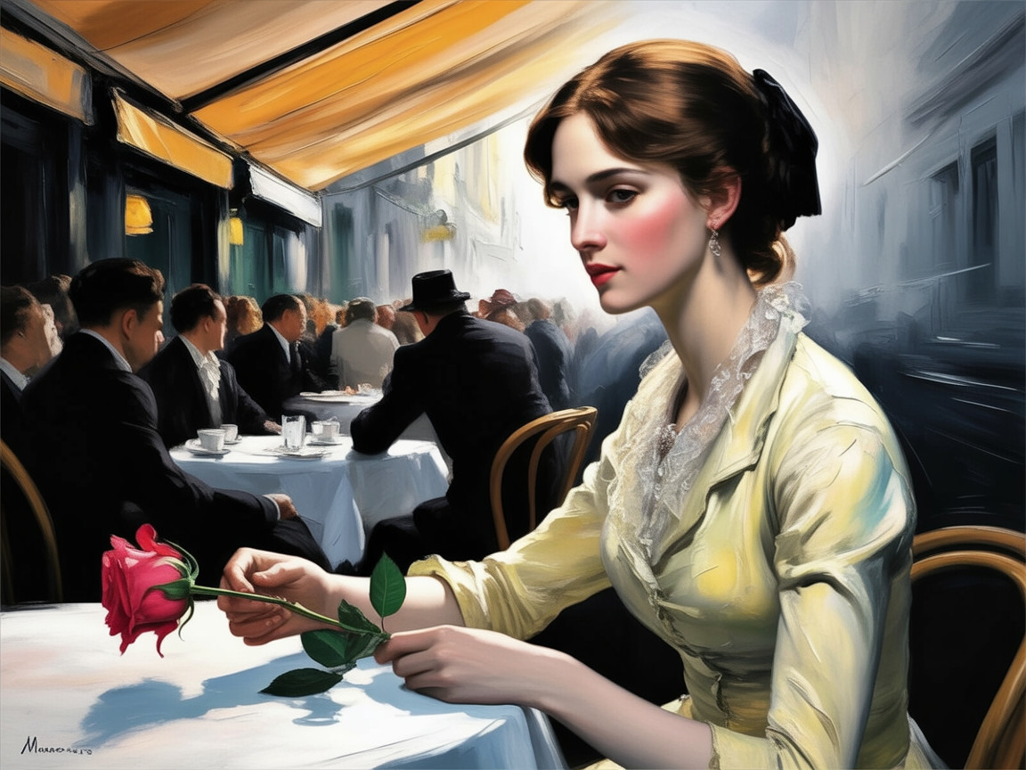 Young Woman in Yellow Dress at Café with Rose