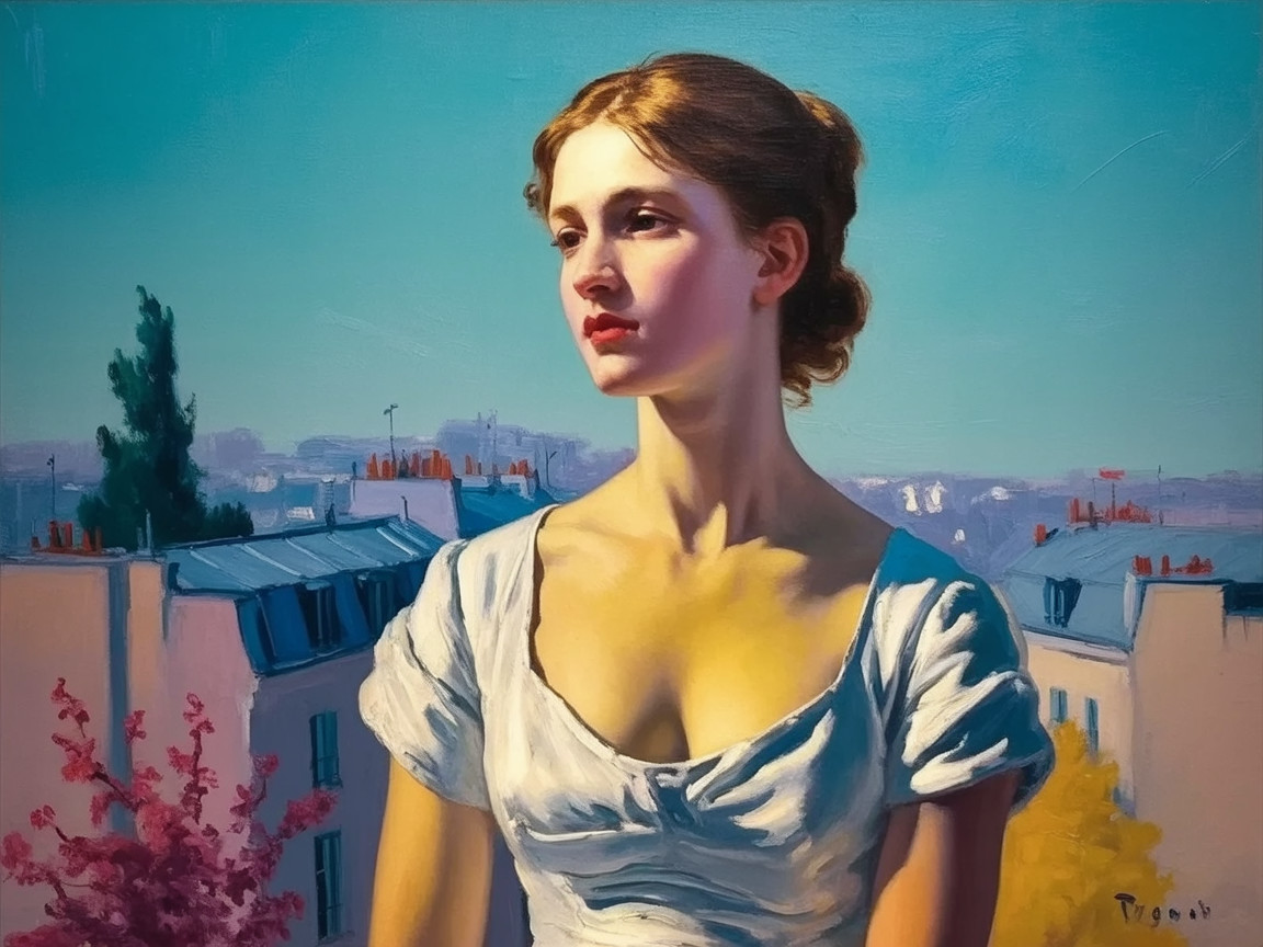 Young Woman in White Garment Against Parisian Backdrop