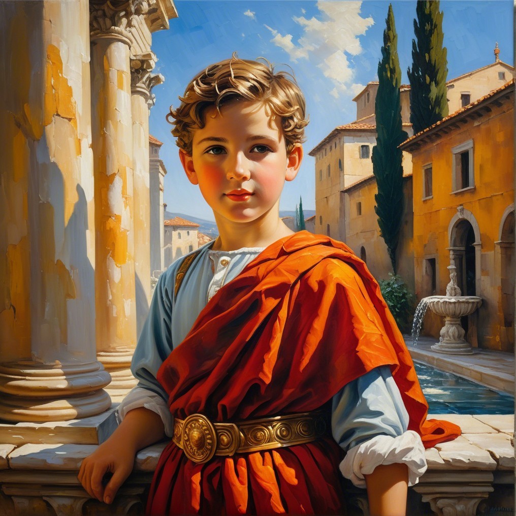 Young Boy in Red Cloak in Historic Courtyard