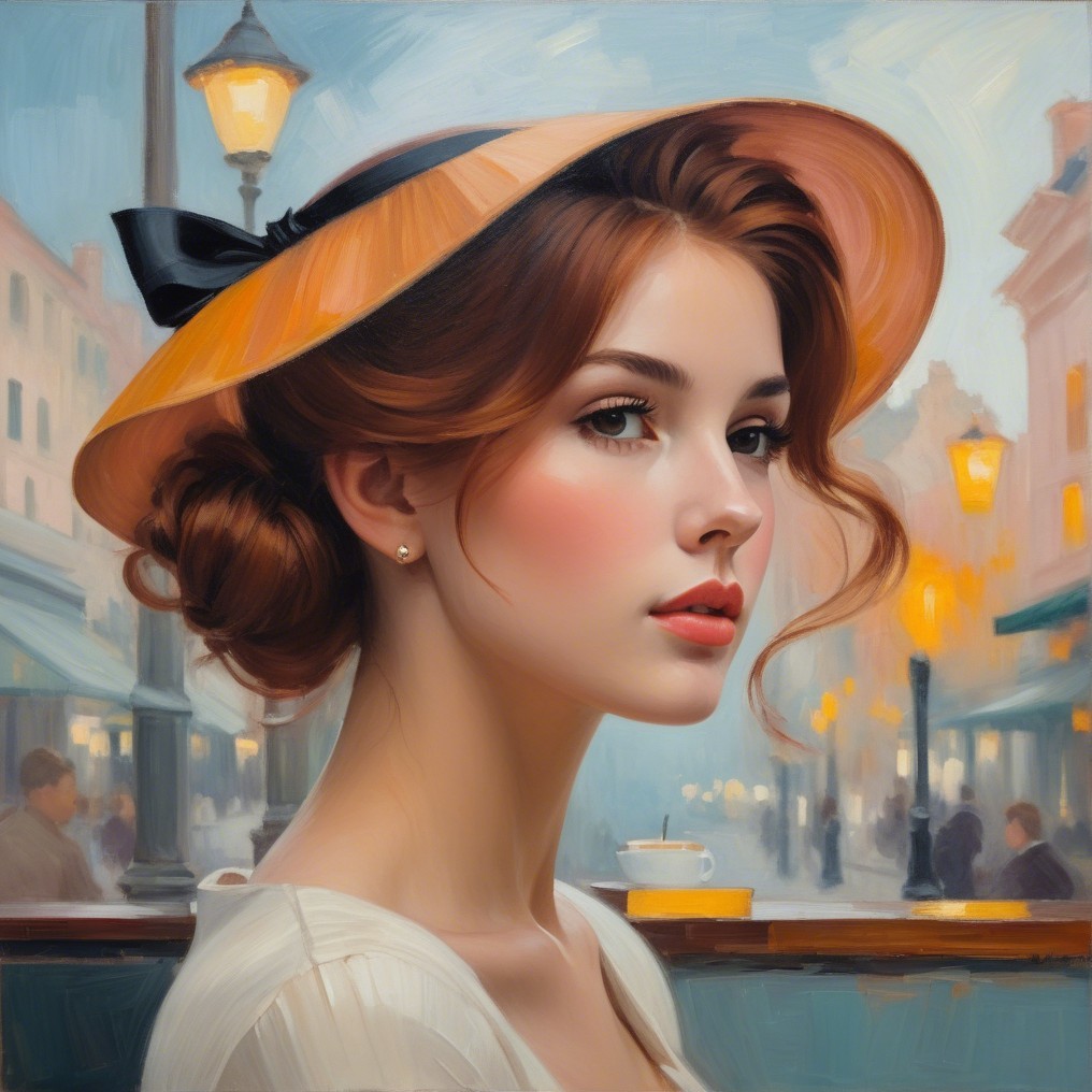 Young woman in straw hat against vintage street scene