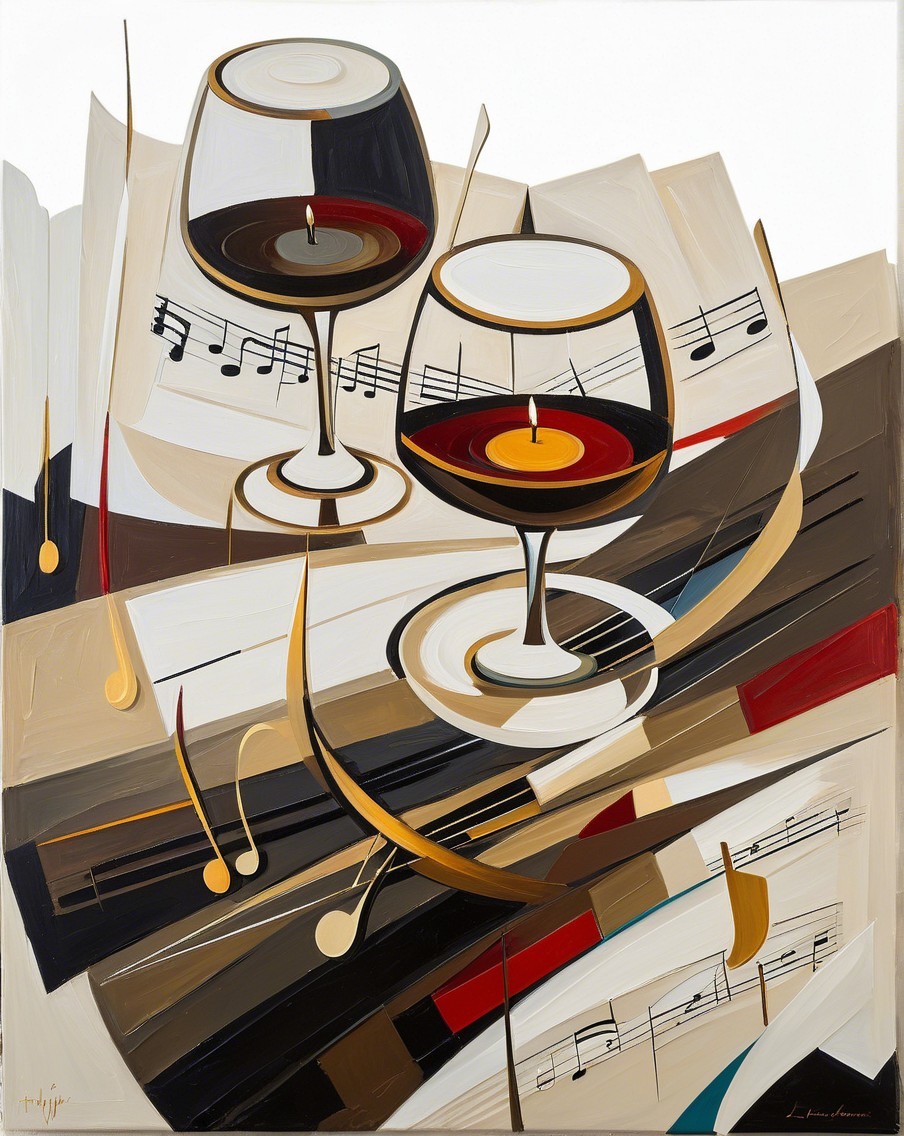 Glasses with Dark Liquid Against Musical Backdrop