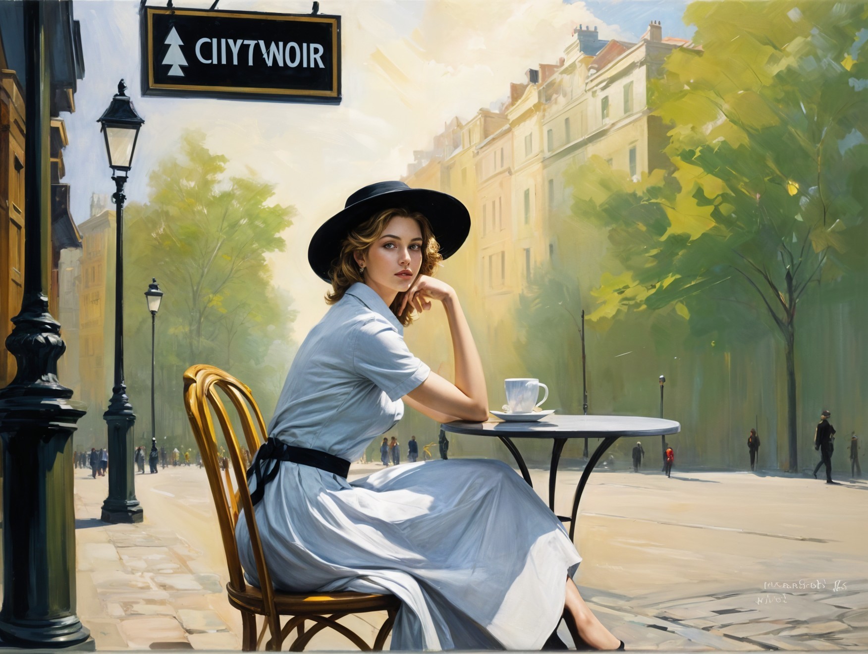 Stylish Woman in Serene Urban Café Setting