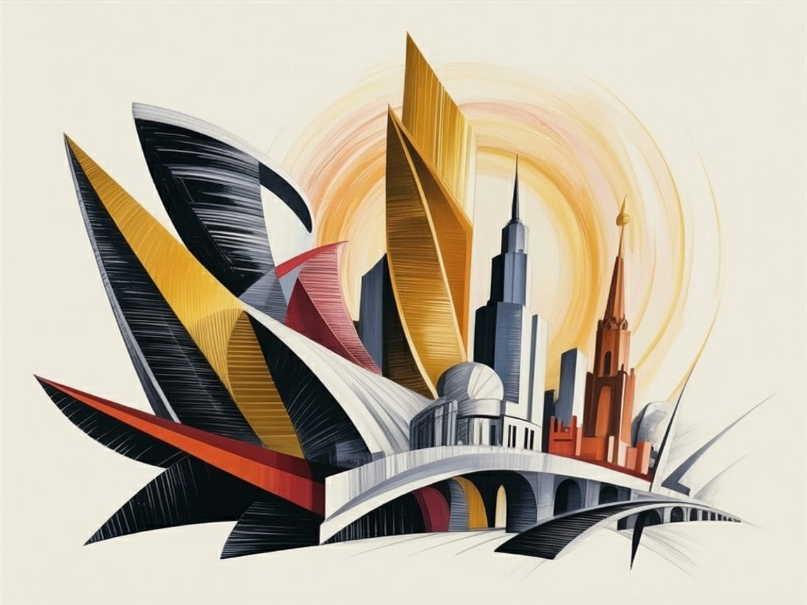Stylized Cityscape with Bold Colors and Shapes