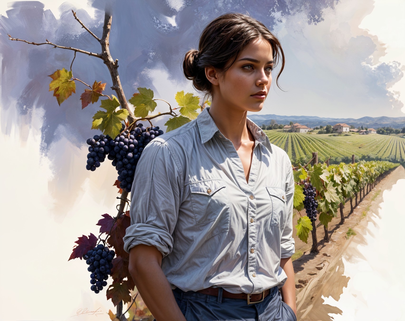Young Woman in Vineyard Surrounded by Grape Vines