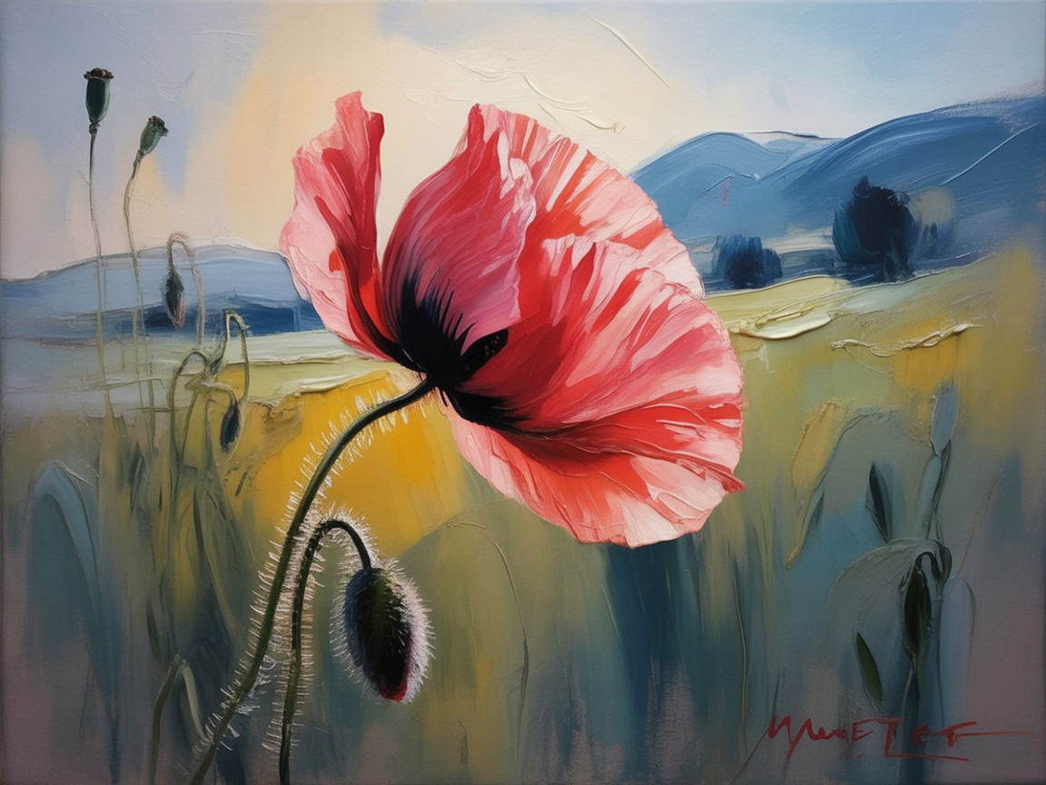 Vibrant Poppy Flower Against Serene Rolling Hills