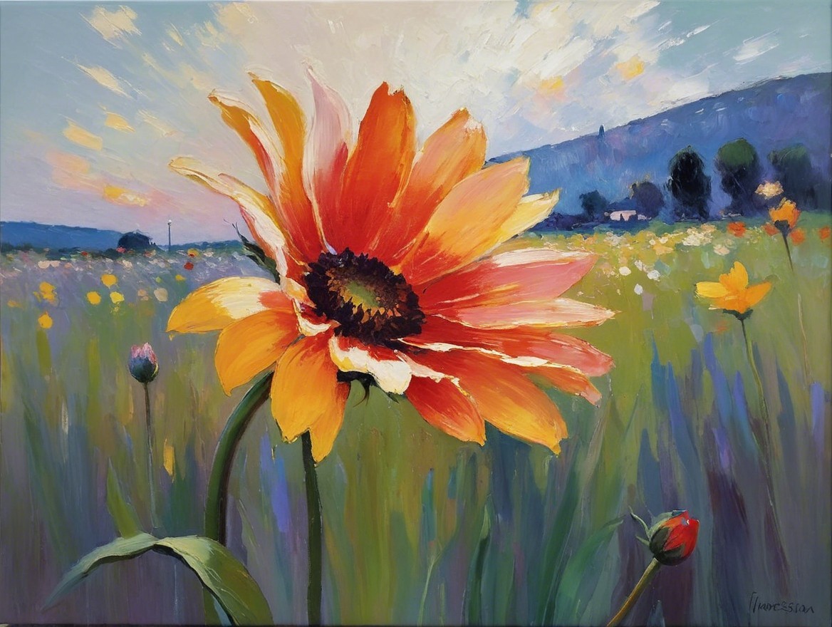 Vibrant Sunflower in Colorful Field Under Blue Sky