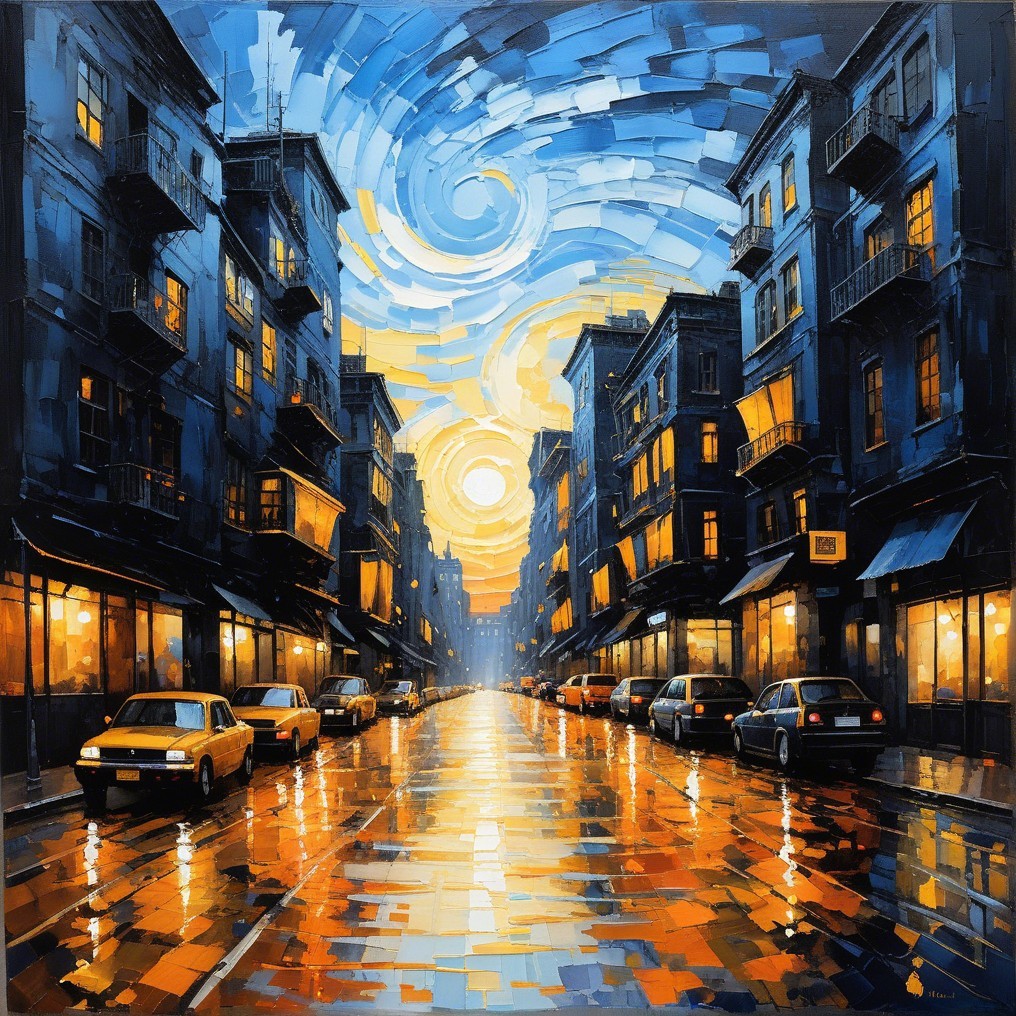 Vibrant City Street with Yellow Lights and Classic Cars