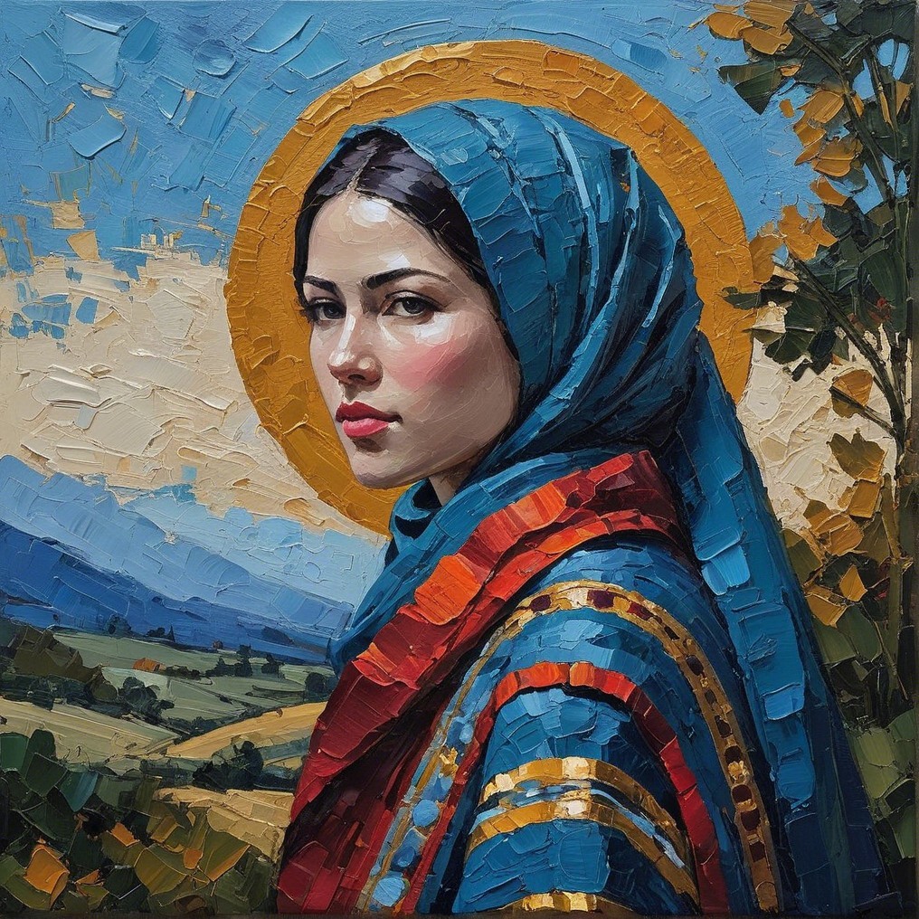 Young woman in blue headscarf against vibrant landscape