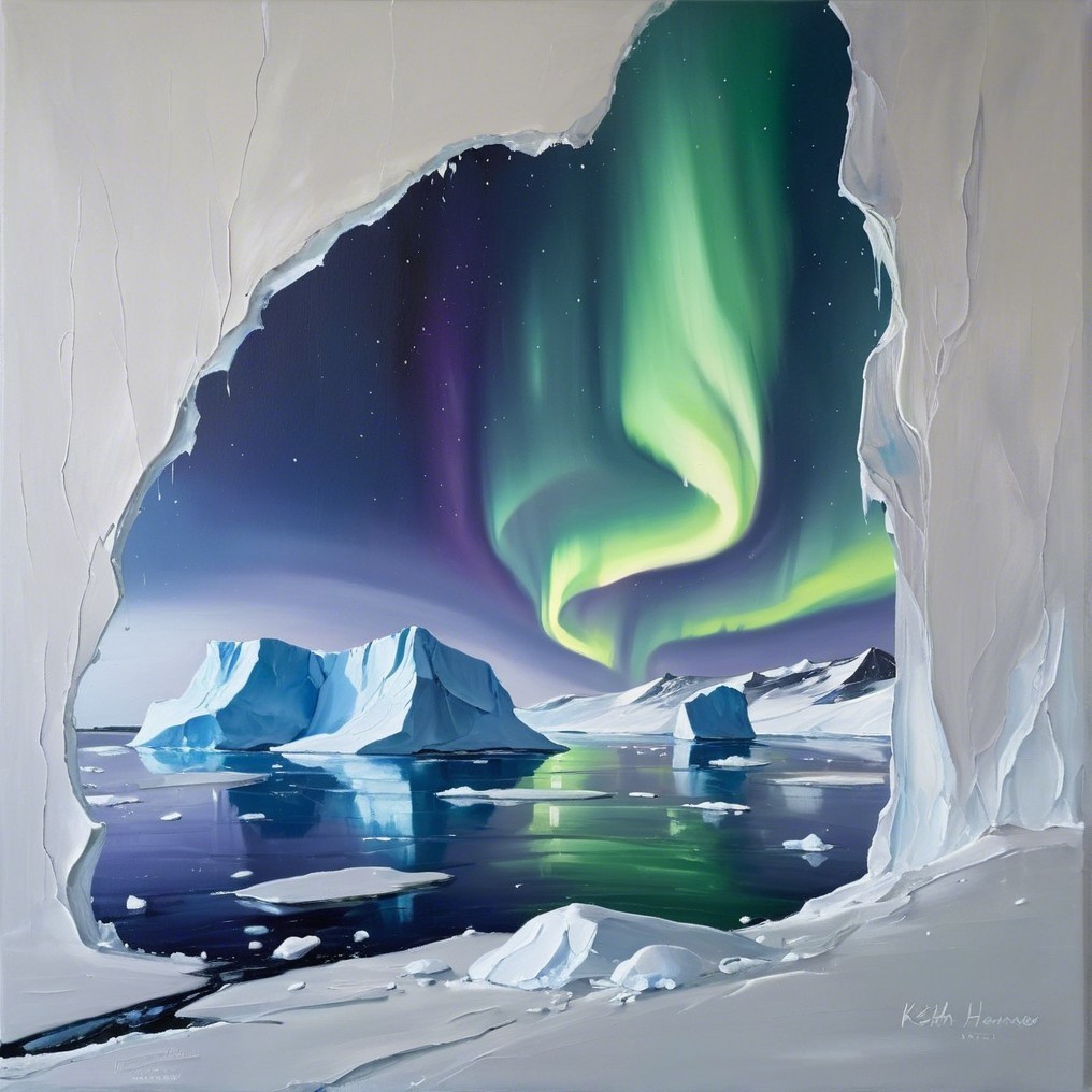 Arctic Landscape with Ice Cave and Auroras