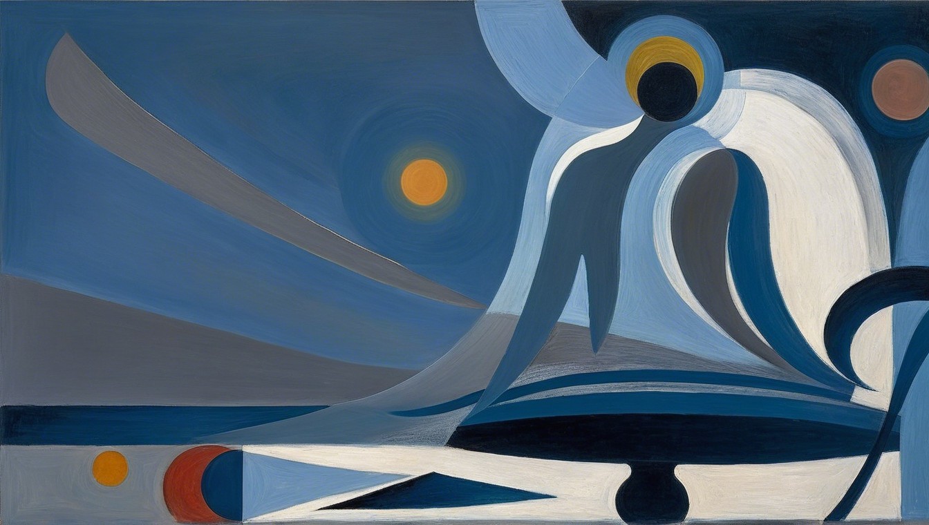 Abstract Painting with Blue and White Forms
