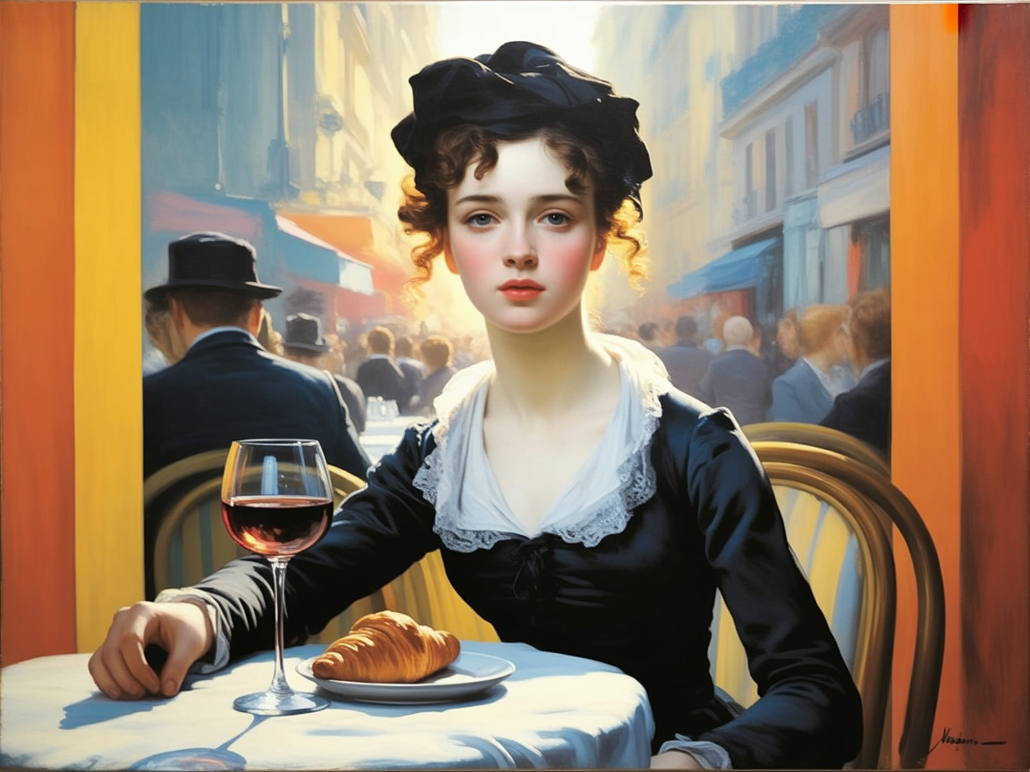 Young woman in vintage dress at café with wine