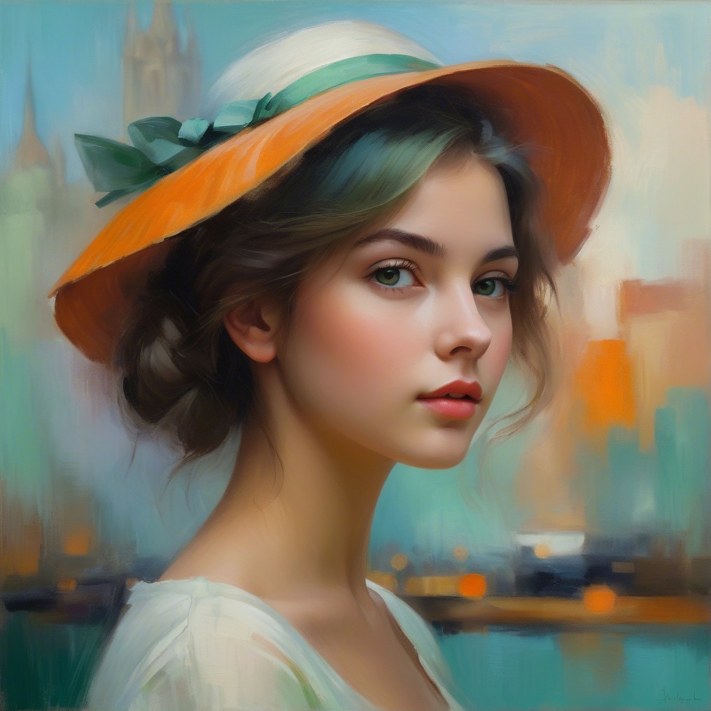 Young Woman in Wide-Brimmed Hat with City Background