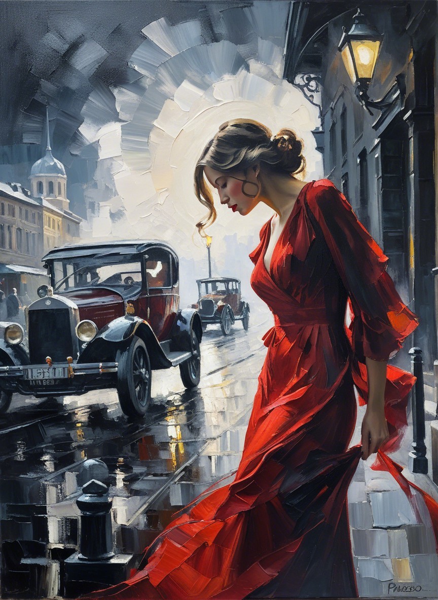 Rainy Street Scene with Woman in Red Dress and Vintage Cars
