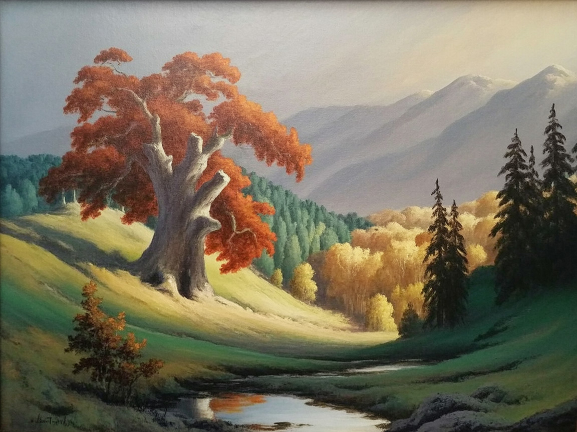 Serene Landscape with Majestic Tree and Stream