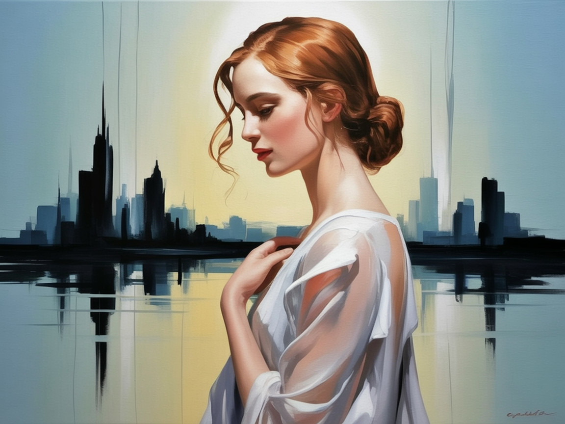 Woman with auburn hair by a serene city skyline